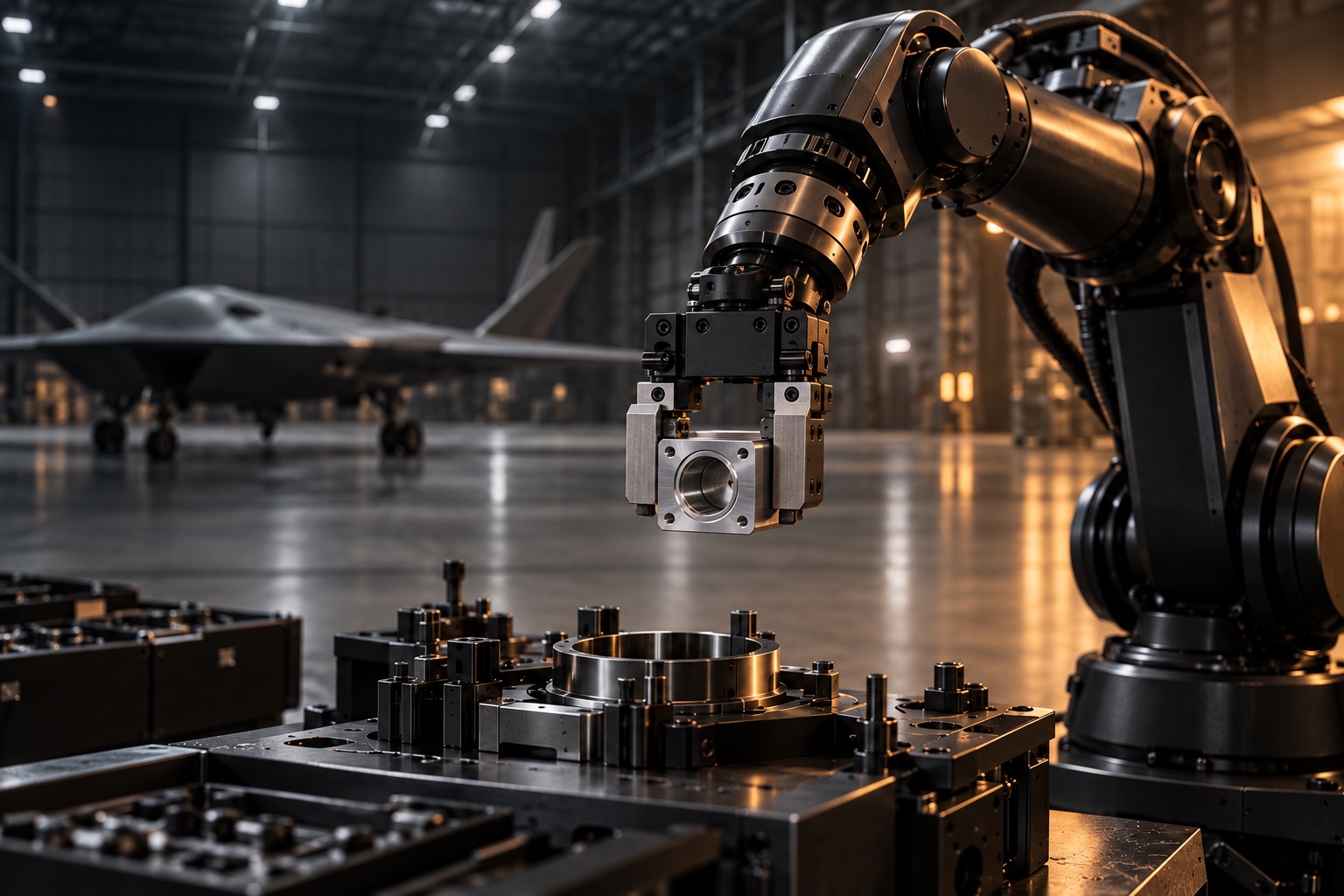 Industrial robotic gripper securely clamping a machined aerospace housing in a dark hangar